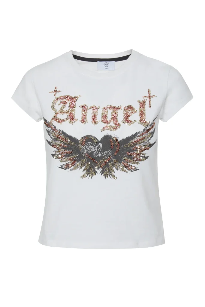 Camiseta blanco roto con estampado de lentejuelas Angel BSB, vista de frente
