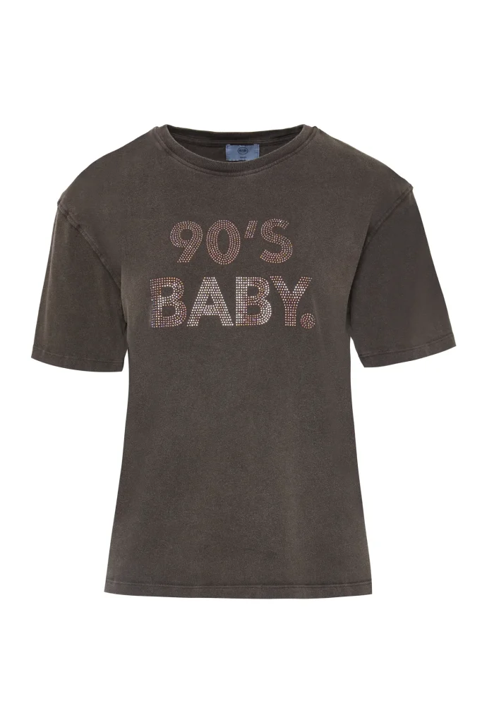 Camiseta gris carbón con estampado 90's Baby en strass BSB, vista de frente