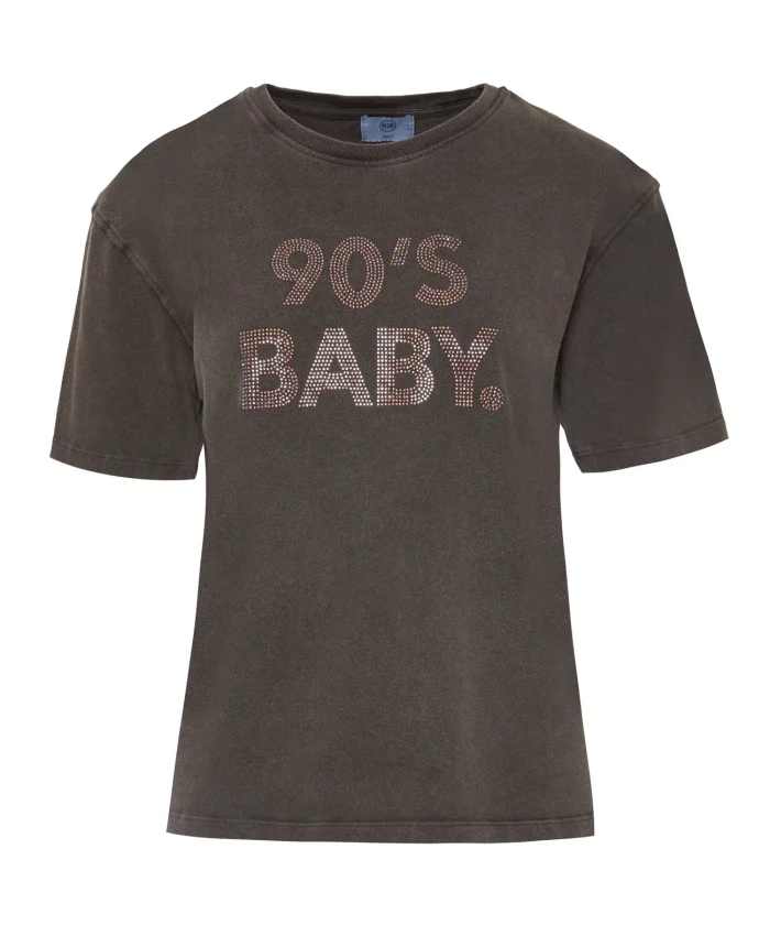 Camiseta gris carbón con estampado 90's Baby en strass BSB, vista de frente Camiseta gris carbón con estampado 90's Baby en strass BSB, vista de frente