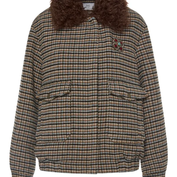 Chaqueta de cuadros beige con cuello de borreguito marrón BSB, vista de frente Chaqueta de cuadros beige con cuello de borreguito marrón BSB, vista de frente
