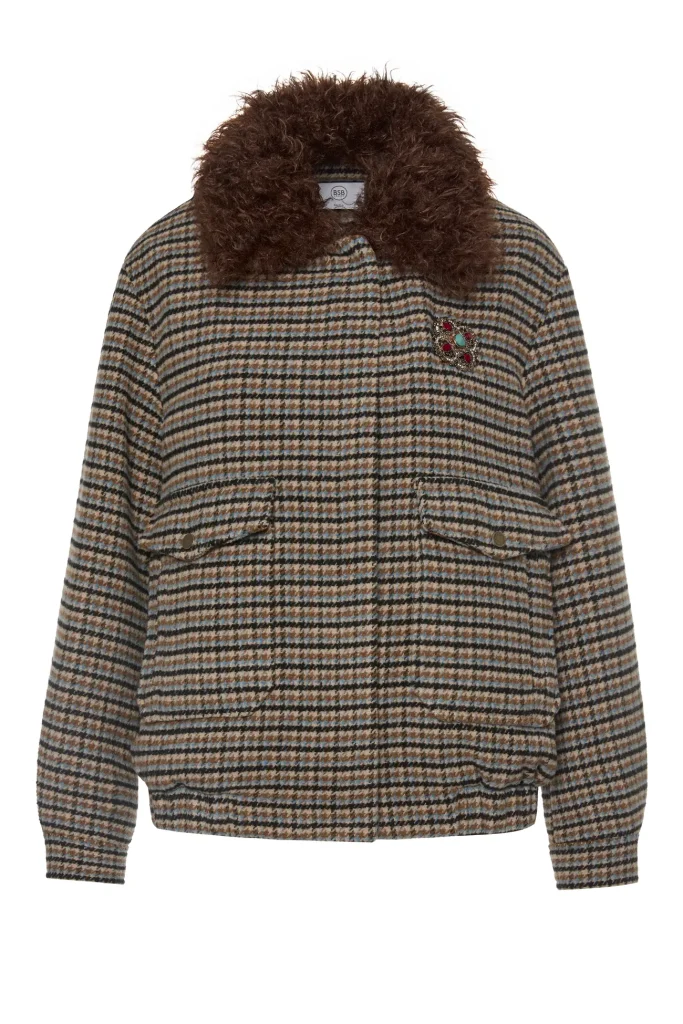Chaqueta de cuadros beige con cuello de borreguito marrón BSB, vista de frente