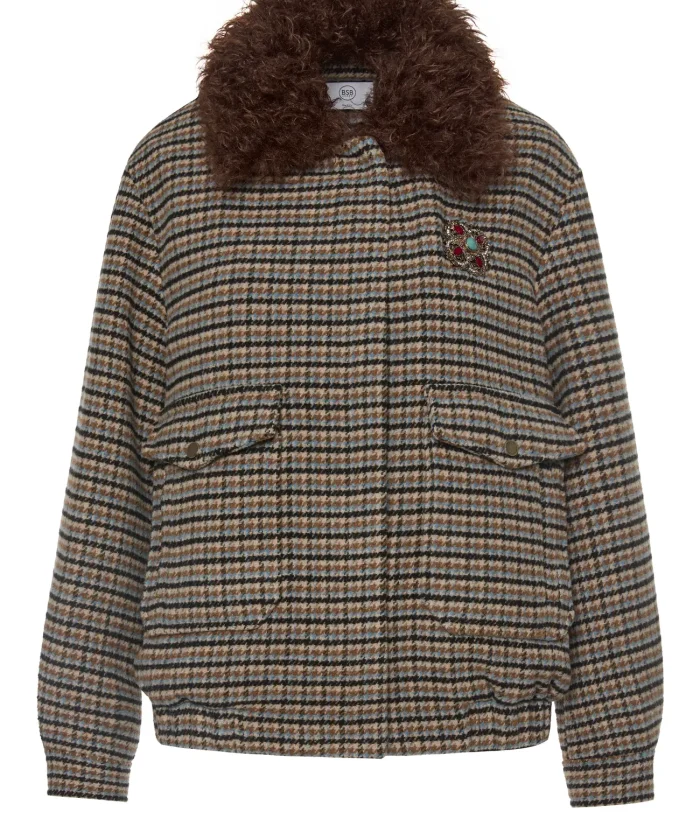 Chaqueta de cuadros beige con cuello de borreguito marrón BSB, vista de frente