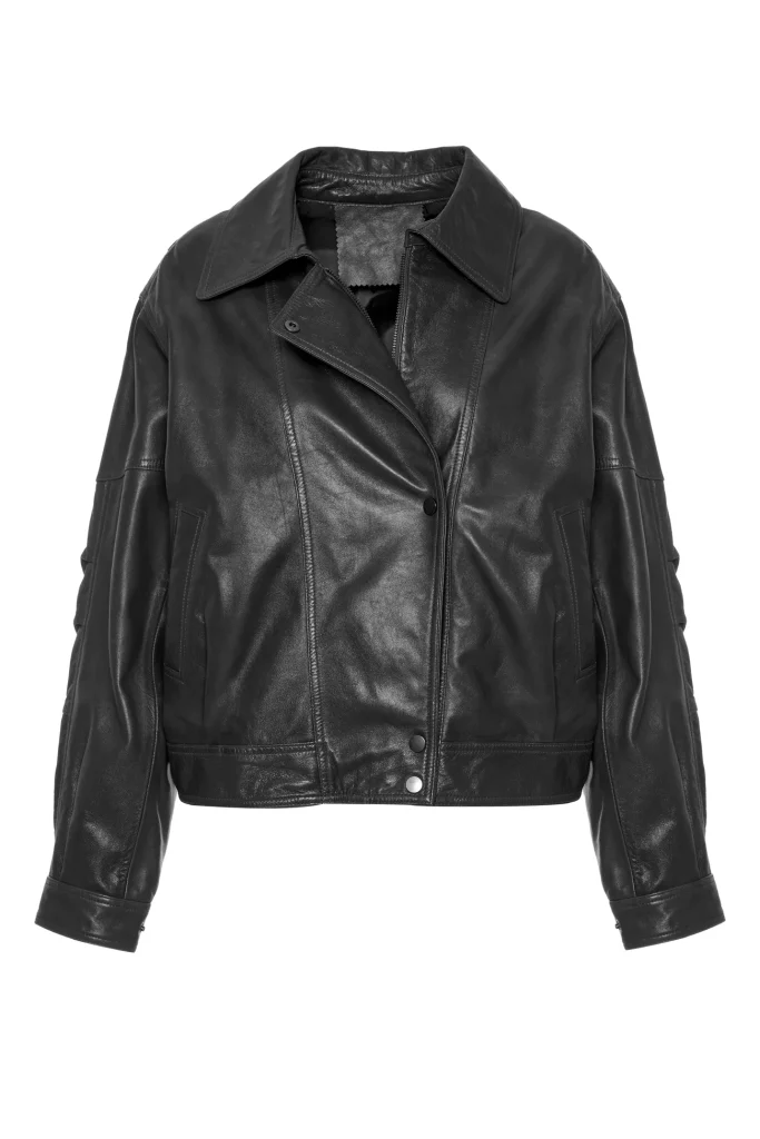 Chaqueta biker de piel de cordero en negro BSB, vista de frente