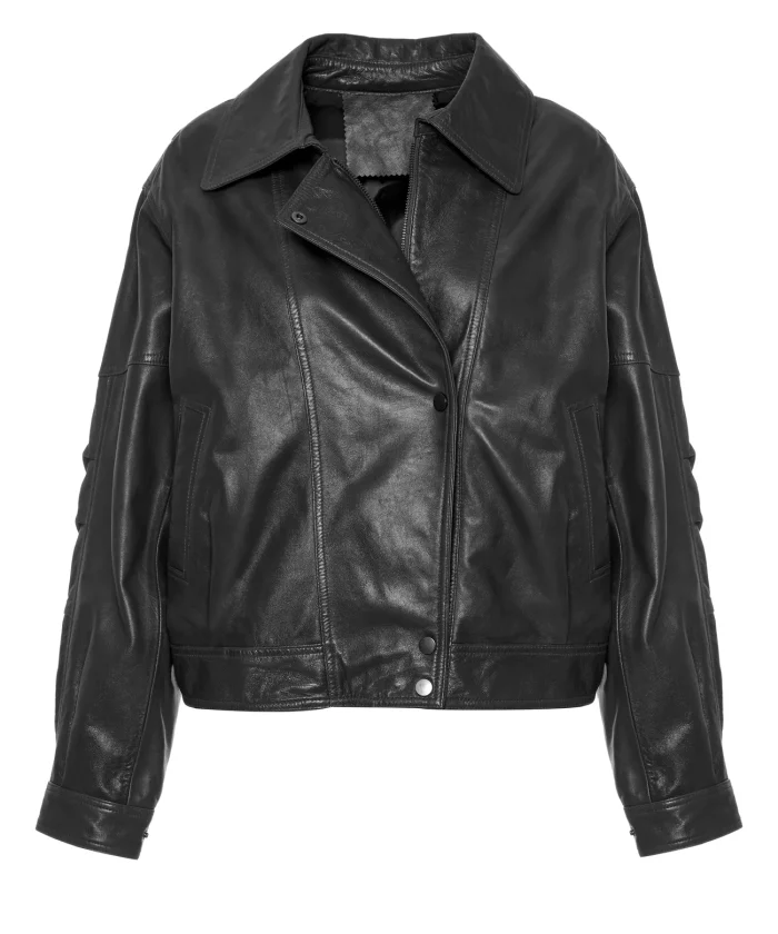 Chaqueta biker de piel de cordero en negro BSB, vista de frente Chaqueta biker de piel de cordero en negro BSB, vista de frente