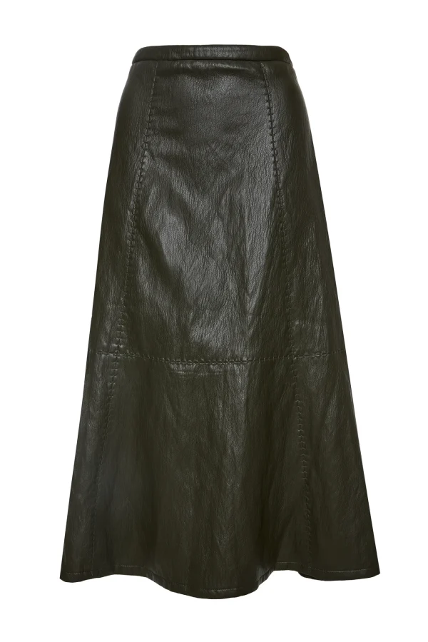 Falda midi de polipiel caqui oscuro con costuras vistas BSB, vista de frente Falda midi de polipiel caqui oscuro con costuras vistas BSB, vista de frente