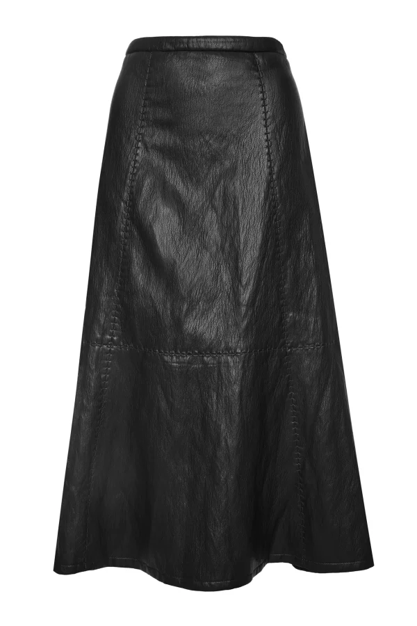 Falda midi de polipiel negra con costuras vistas BSB, vista de frente Falda midi de polipiel negra con costuras vistas BSB, vista de frente