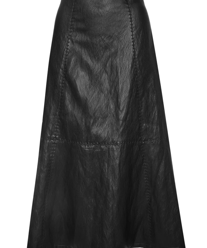 Falda midi de polipiel negra con costuras vistas BSB, vista de frente