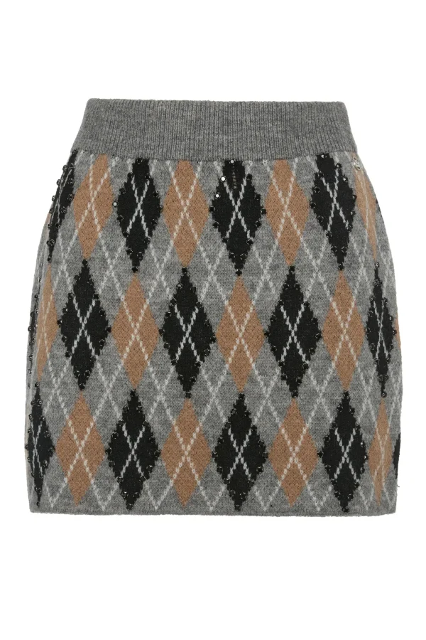 Falda mini punto jacquard rombos BSB en gris, beige y negro