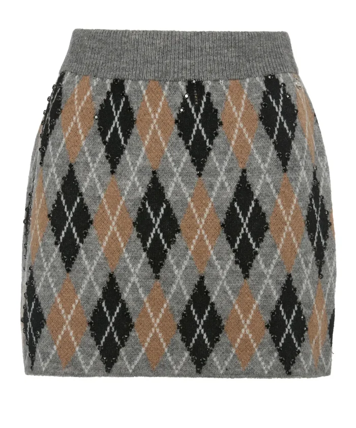 Falda mini punto jacquard rombos BSB en gris, beige y negro