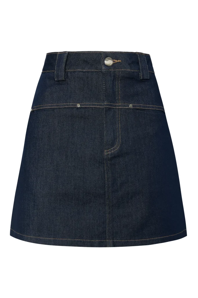 Falda mini vaquera en denim azul oscuro BSB con cintura alta, vista de frente