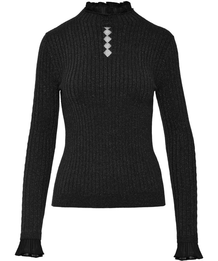 Jersey negro con hombro descubierto y puño de volante BSB, vista lateral Jersey canalé con brillo BSB en toffee con pedrería en el pecho