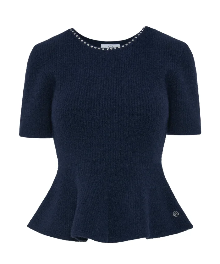 Jersey canalé de manga corta azul marino BSB con bajo peplum Jersey canalé peplum manga corta BSB en azul marino