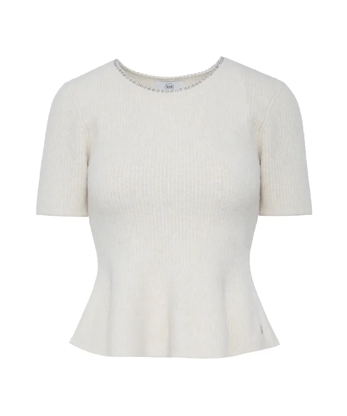 Jersey canalé de manga corta blanco roto BSB con bajo peplum