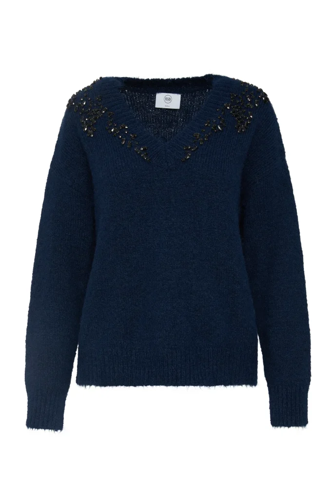 Jersey cuello pico pedrería BSB en azul chambray con cristales en los hombros