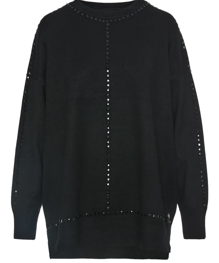 Jersey oversize negro BSB con banda de pedrería, vista de frente Jersey oversize negro pedrería BSB