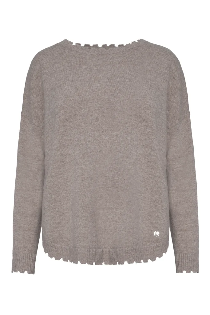 Jersey oversize de lana beige jaspeado BSB con cuello deshilachado