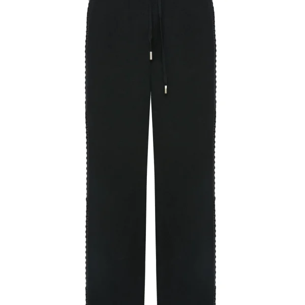 Pantalón ancho negro con banda de strass BSB, vista de frente Pantalón ancho banda strass BSB en negro con pedrería