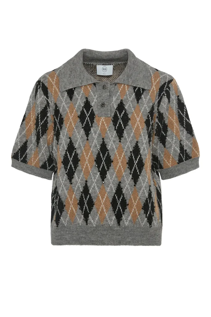 Polo punto jacquard rombos BSB en gris, negro y camel con pedrería