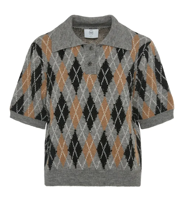 Polo punto jacquard rombos BSB en gris, negro y camel con pedrería