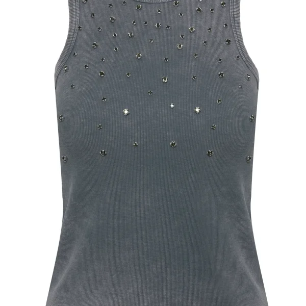 Top gris carbón de canalé con pedrería degradada BSB, vista de frente