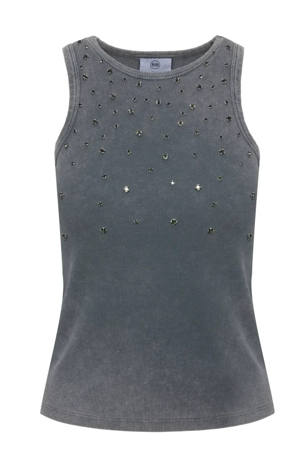 Top gris carbón de canalé con pedrería degradada BSB, vista de frente