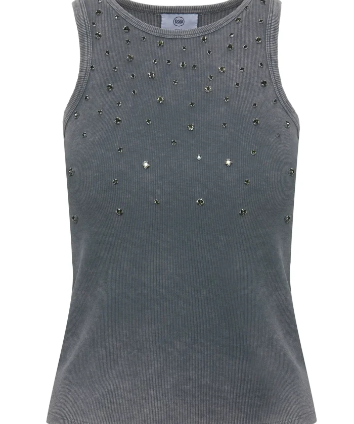 Top gris carbón de canalé con pedrería degradada BSB, vista de frente Top gris carbón de canalé con pedrería degradada BSB, vista de frente