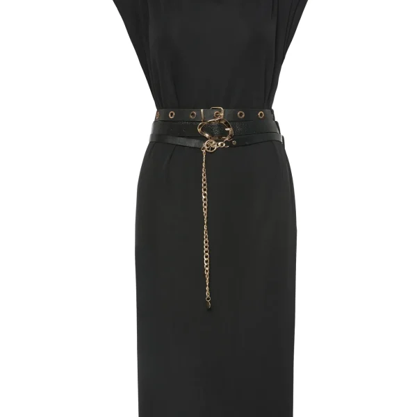 Vestido midi negro BSB de cuerpo entero con cinturón de piel y cadena Vestido midi negro BSB de cuerpo entero con cinturón de piel y cadena