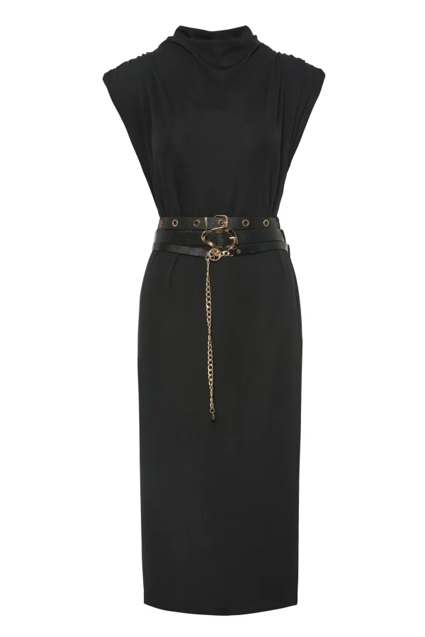 Vestido midi negro BSB de cuerpo entero con cinturón de piel y cadena Vestido midi negro BSB de cuerpo entero con cinturón de piel y cadena