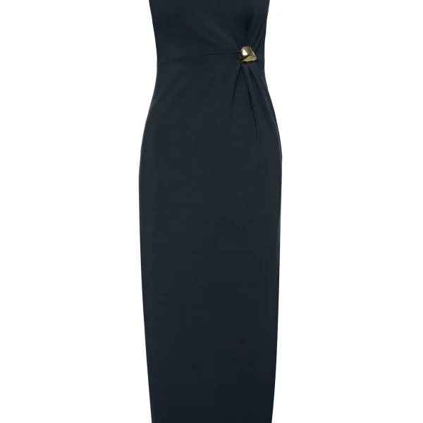Vestido midi negro con anilla dorada en la cadera BSB, vista de frente Vestido midi negro con anilla dorada en la cadera BSB, vista de frente