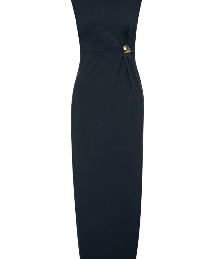 Vestido midi negro con anilla dorada en la cadera BSB, vista de frente