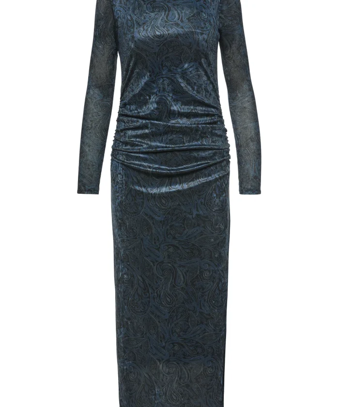 Vestido midi de terciopelo jacquard en azul con estampado paisley BSB, vista de frente Vestido midi de terciopelo jacquard en azul con estampado paisley BSB, vista de frente