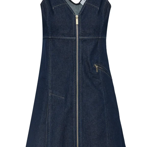 Vestido midi vaquero denim azul oscuro con cremallera dorada BSB, vista de frente Vestido midi vaquero denim azul oscuro con cremallera dorada BSB, vista de frente