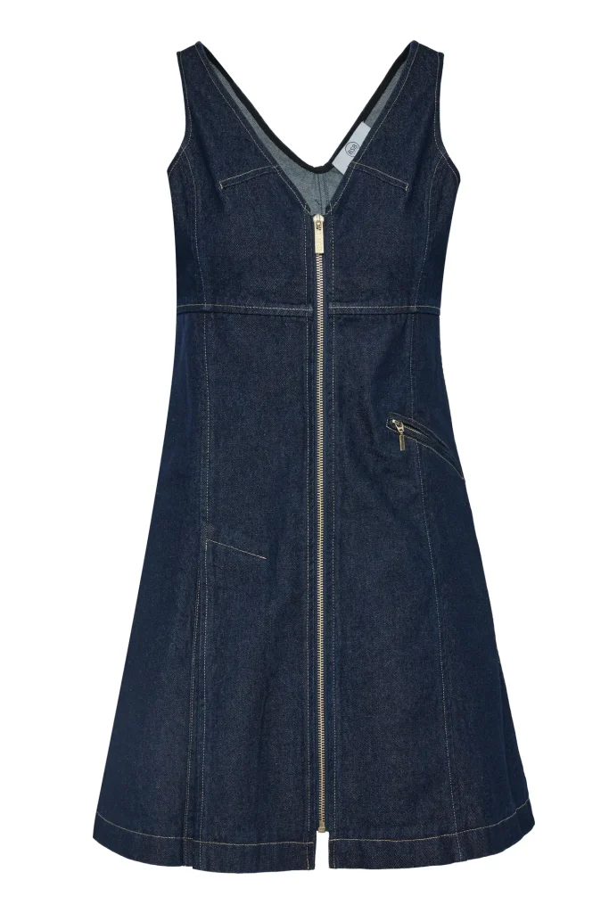 Vestido midi vaquero denim azul oscuro con cremallera dorada BSB, vista de frente