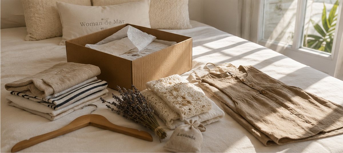 Ropa de verano doblada sobre la cama junto a una caja de cartón, lavanda y una percha de madera, lista para el cambio de armario