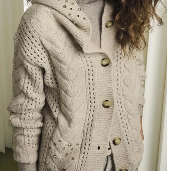 Cárdigan de punto trenzado beige con capucha y pedrería Gaudí Jeans