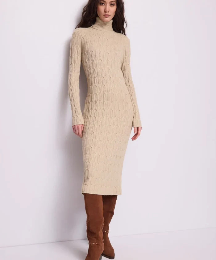 vestido-midi-cuello-alto-topo-claro-jaspeado-01 Vestido midi cuello alto